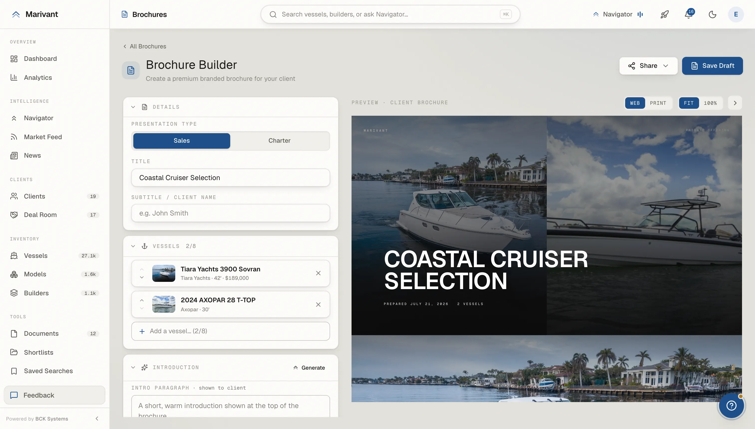 Marivant brochure builder: vessels selected on the left with a live, brokerage-branded brochure preview on the right