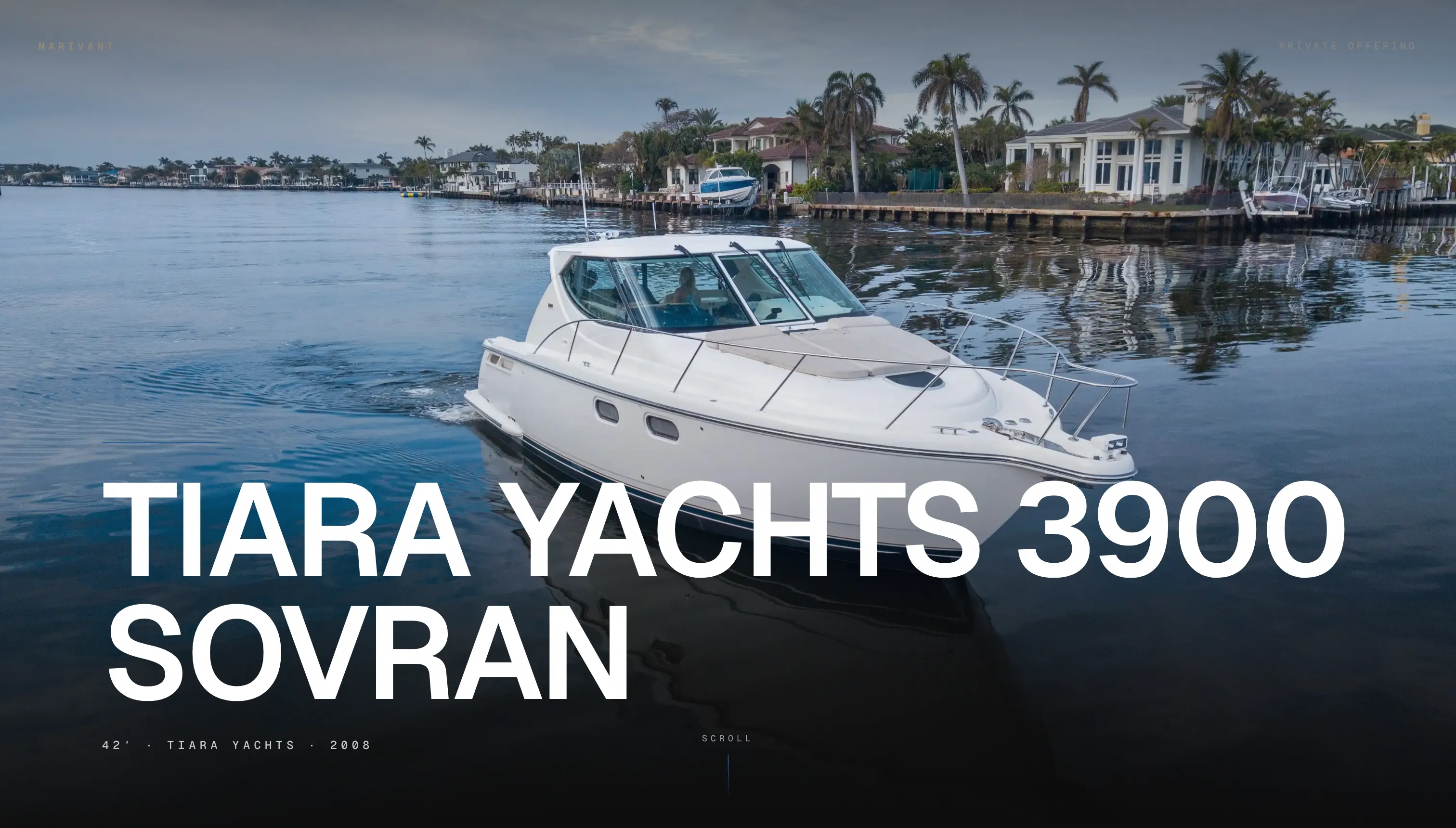 A Marivant client page as the buyer sees it: full-bleed vessel photography with editorial typography and the brokerage's branding