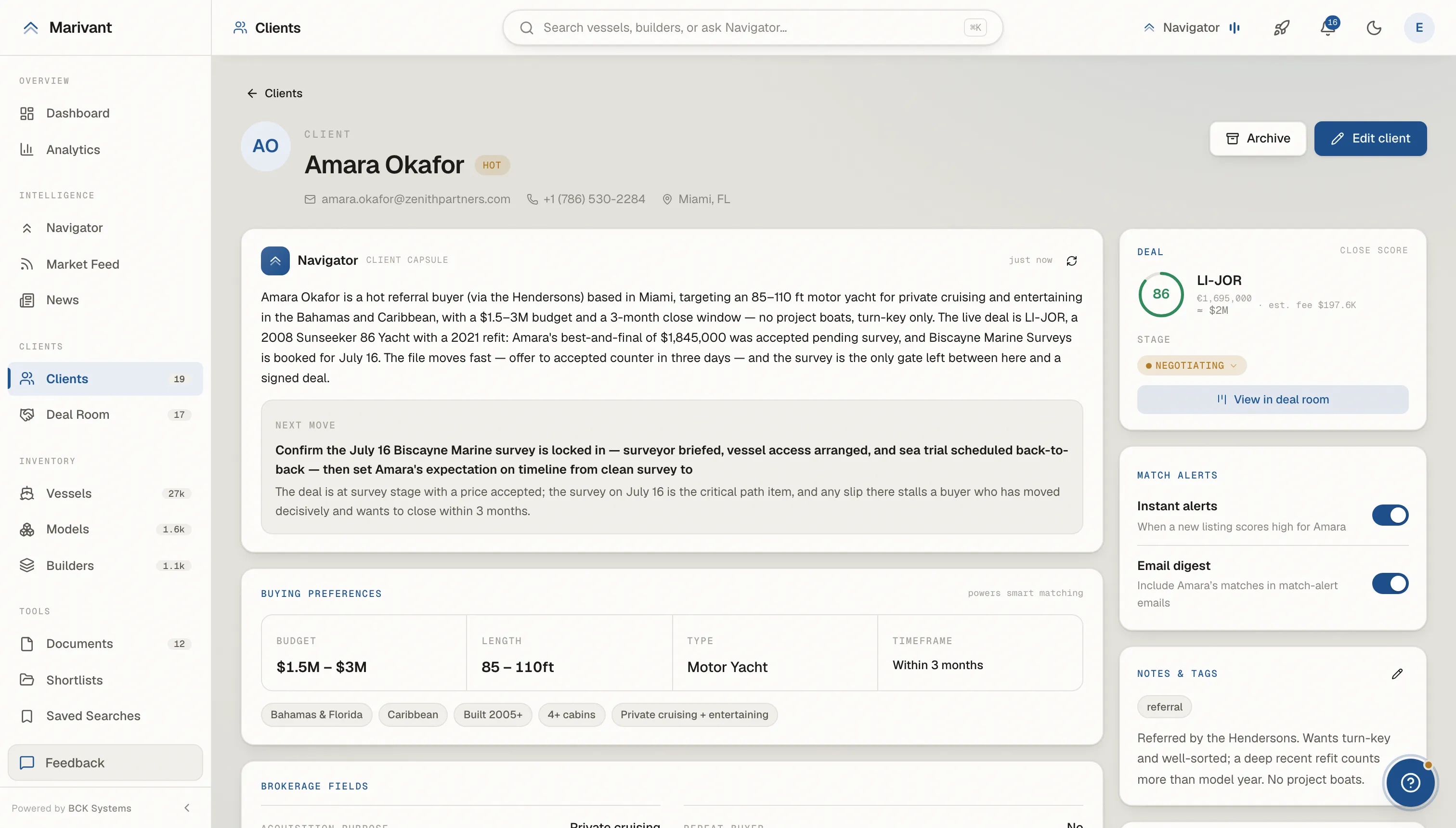 A Marivant client profile: preferences, notes, activity, and the vessels this buyer has been shown