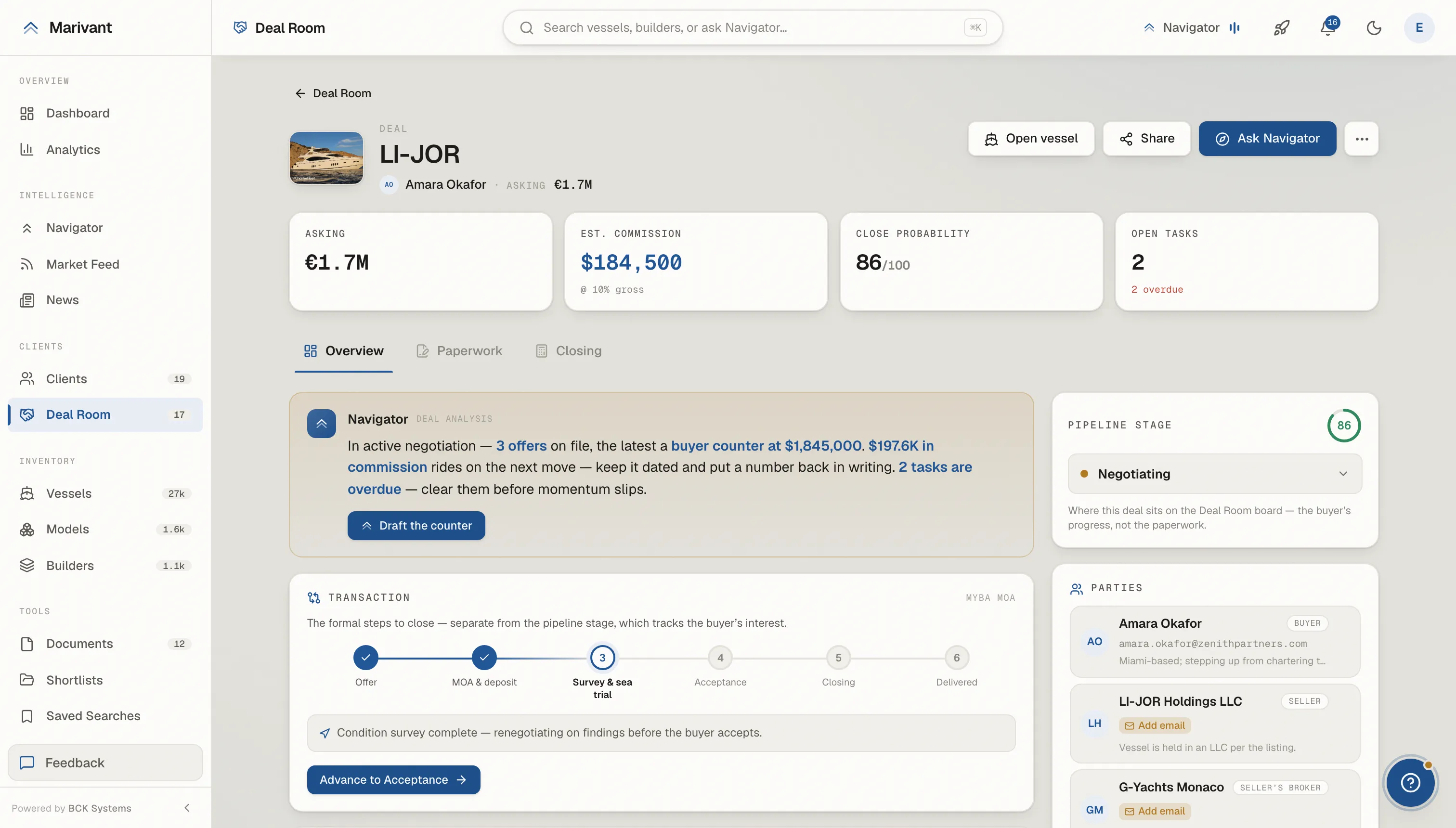 A Marivant deal room: the vessel, parties, documents, tasks, and timeline for one transaction in a single view