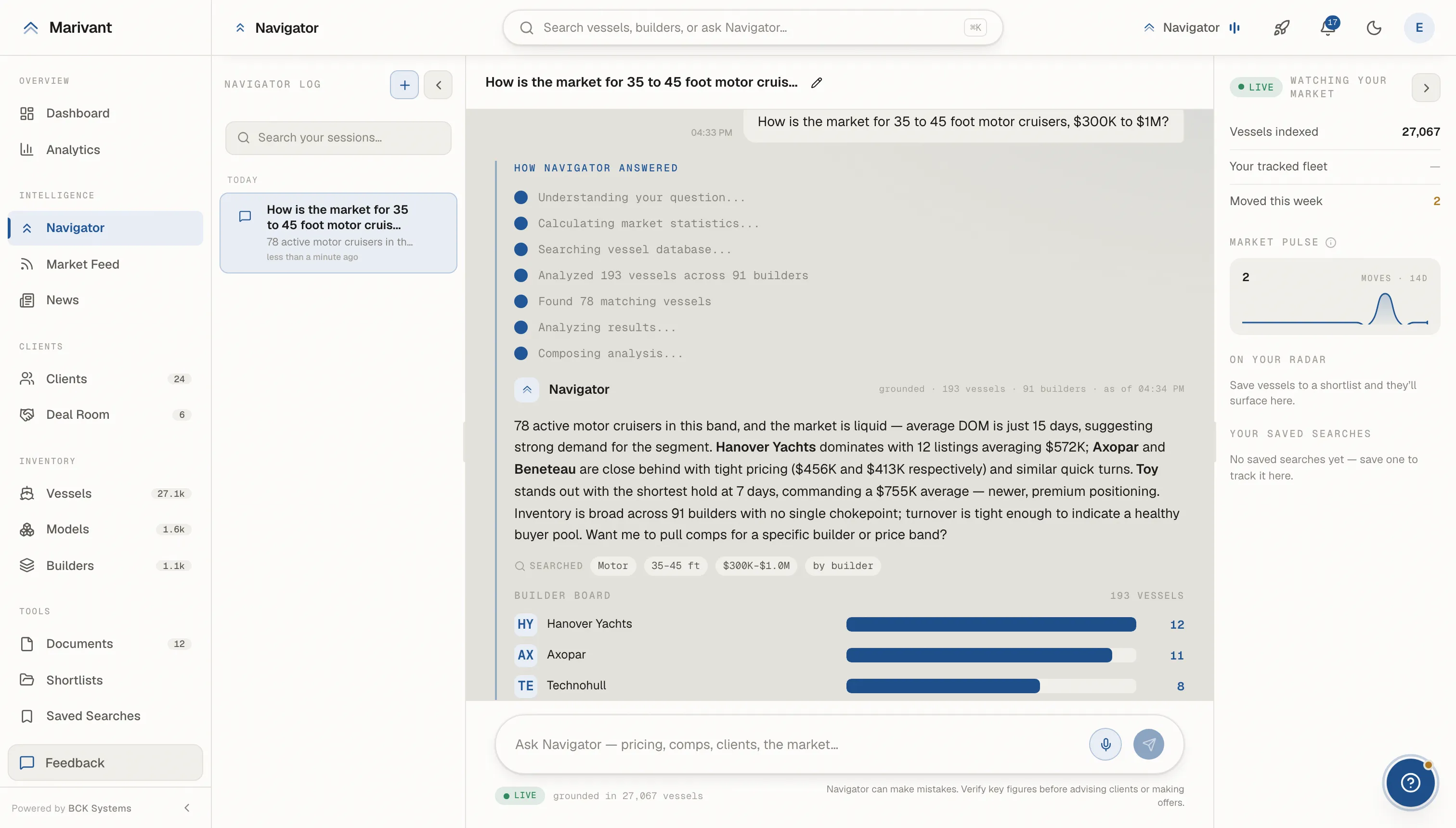 Navigator answering a market question: the reasoning steps, a grounded answer, and the evidence it drew on