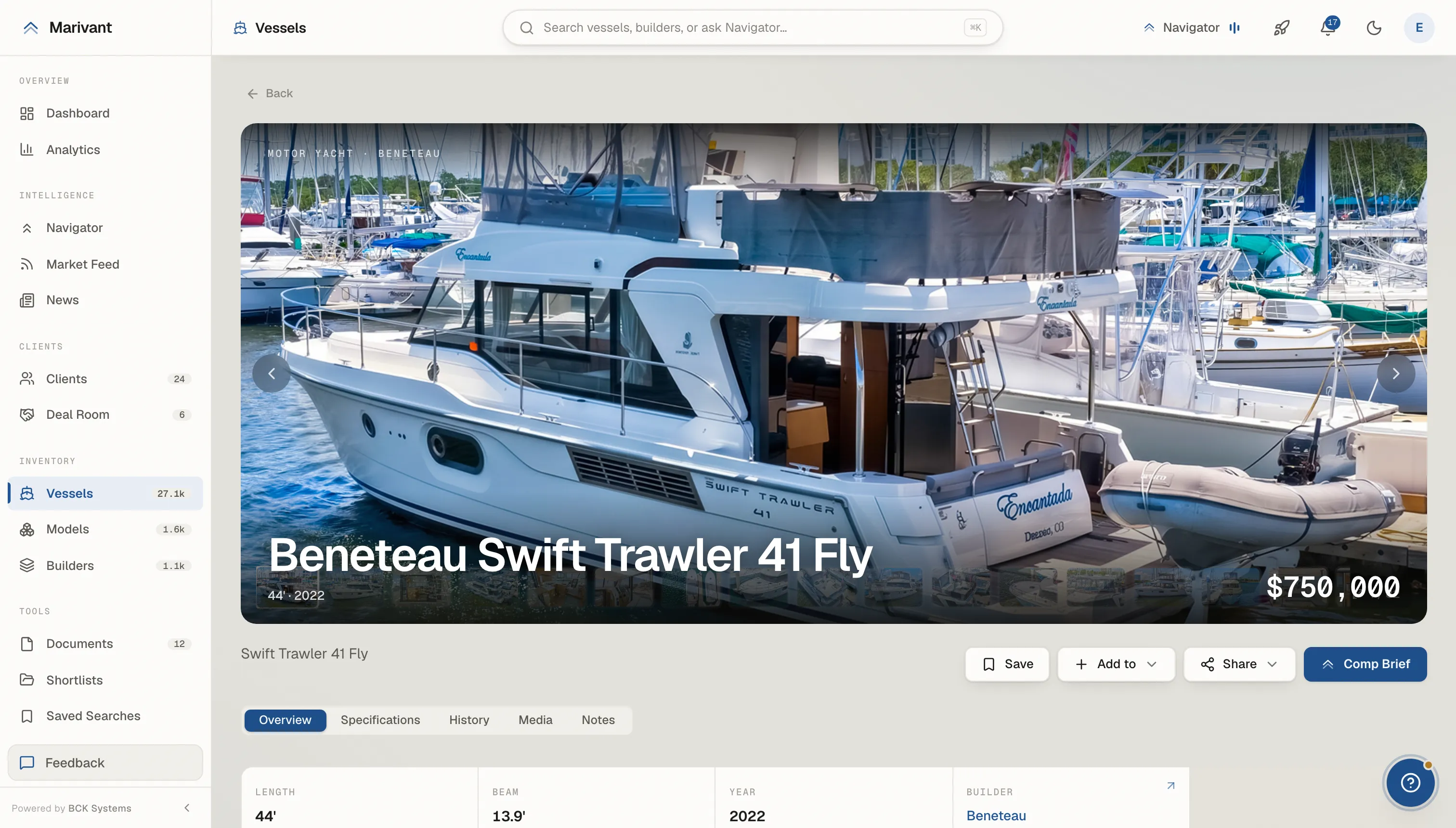 Marivant vessel detail with market context: comparable vessels, days on market, and pricing history beside the listing