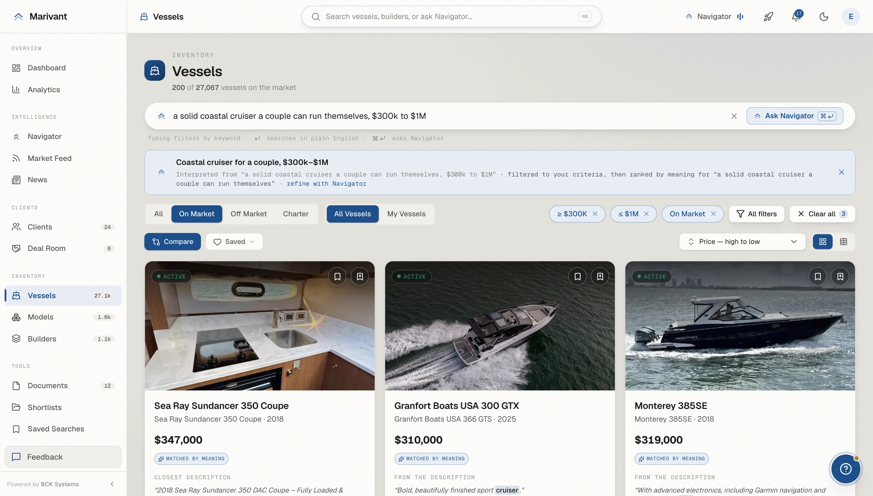 Marivant vessel search: a plain-English query typed into the search bar with parsed filters and matching vessels returned from the live market